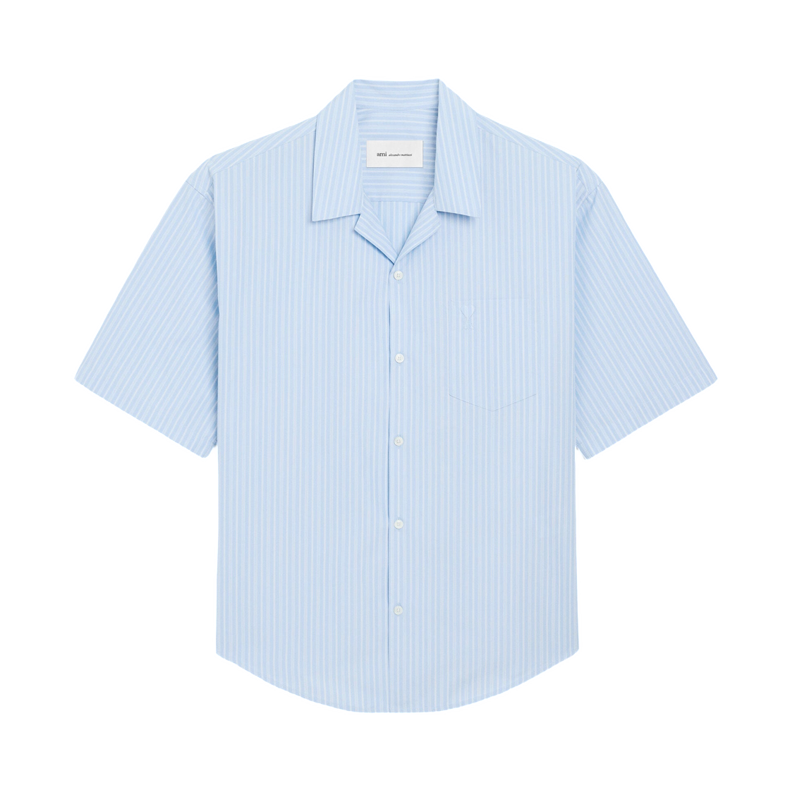 HSH833-CO0219-4844 AMI Blue Cotton Short Sleeve Ami De Coeur Boxy Shirt Cashmere Blue White