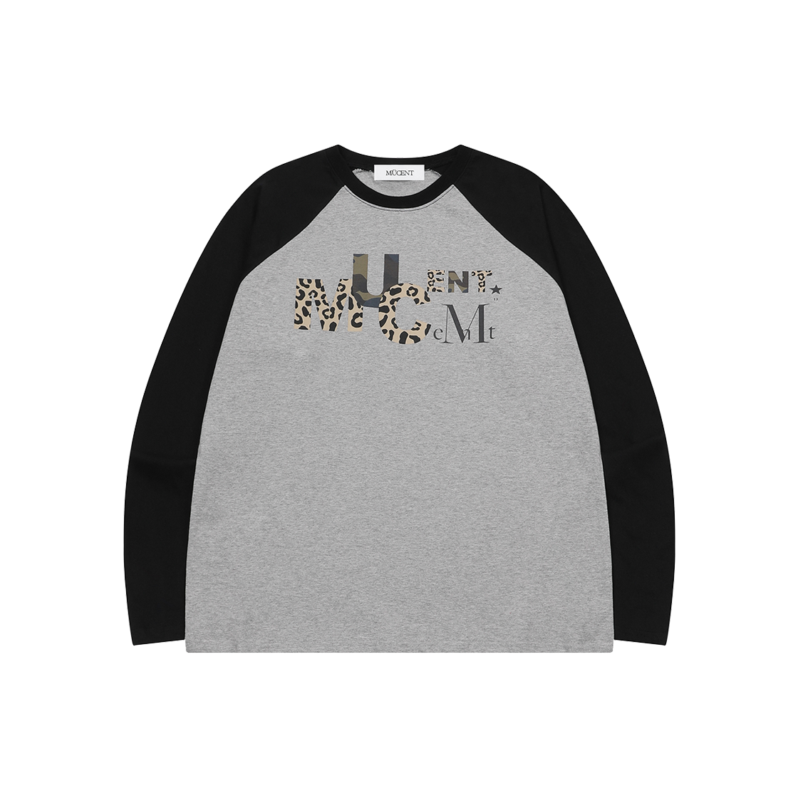 P0000BKX MUCENT Milio Leopard Camo Lettering Raglan Long Sleeve T Black