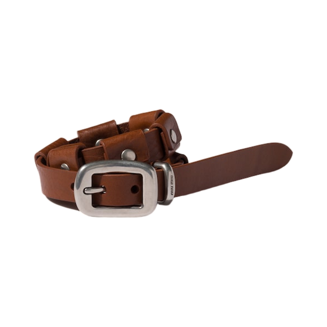 5IB805-2G75-F05HP Miu Miu Leather Bracelet with Buckle Tobacco Silver