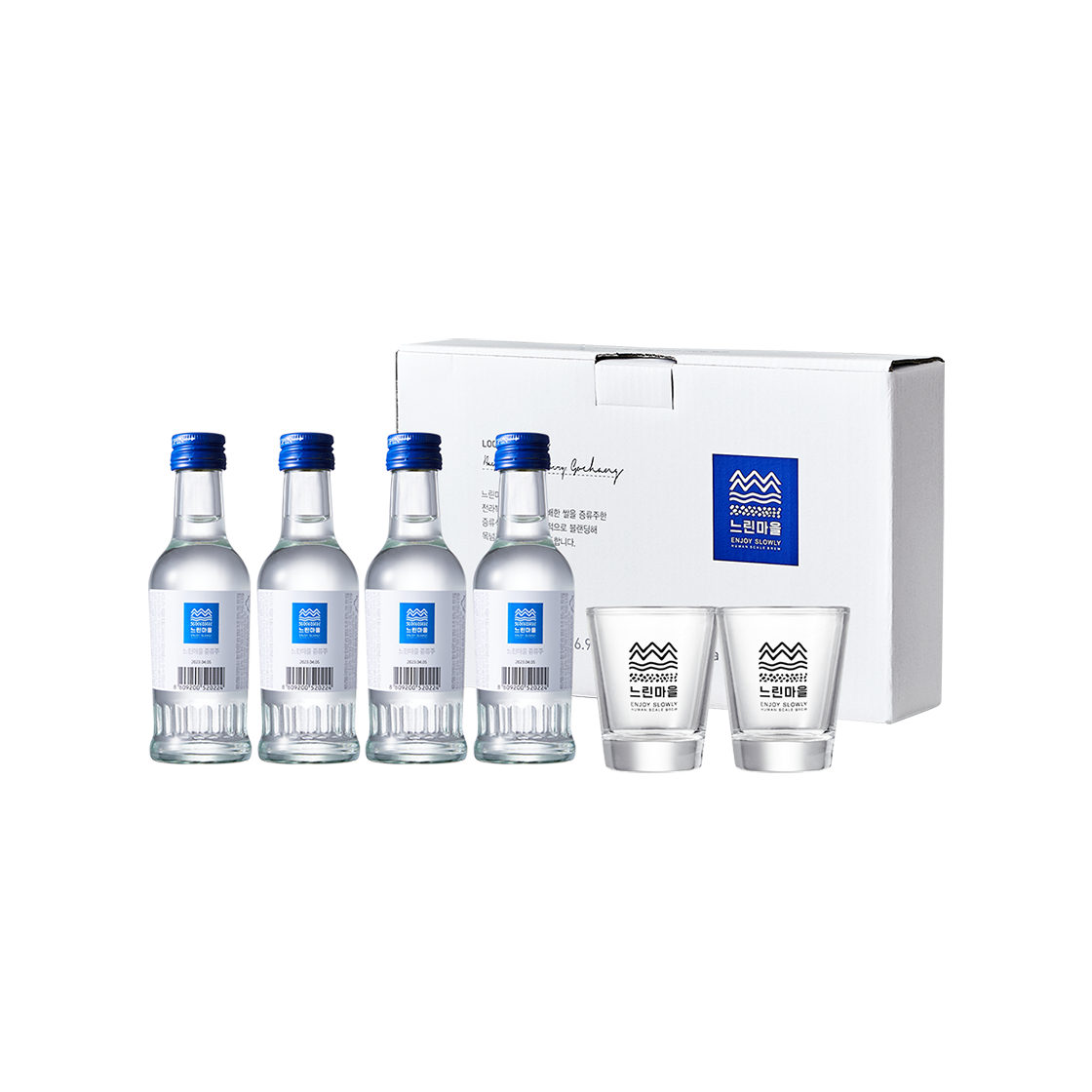 느린마을 느린마을증류주 미니세트 80ml 4입, 잔 2입(Slow village Soju 16.9 Miniature Bottle Set 80ml x 4 Btl. With 2 Dedicated Glasses Gift Box)