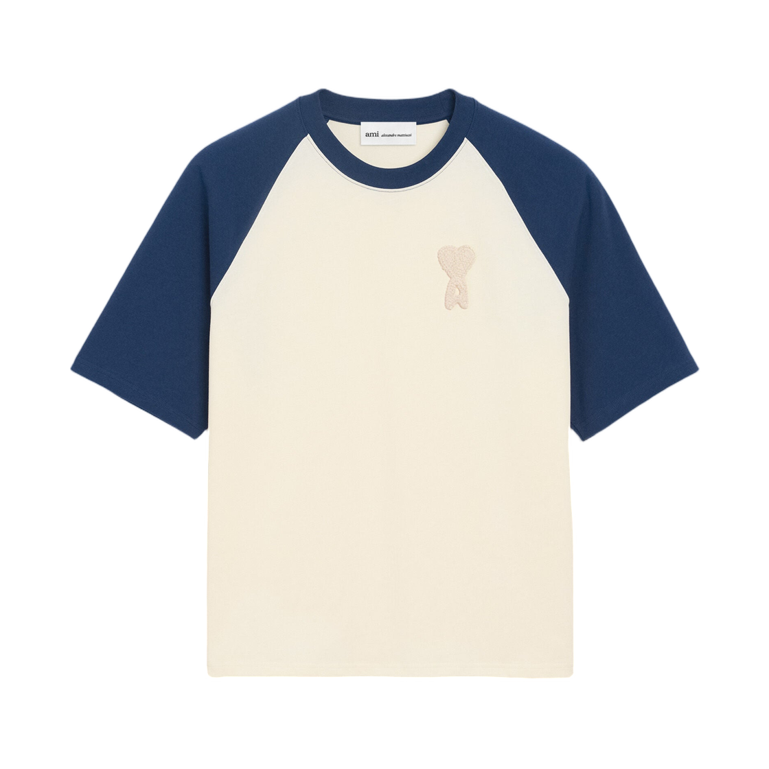 아미 화이트 앤 블루 코튼 아미 드 하트 니트 패치 티셔츠 화이트 크림 잉크(AMI White and Blue Cotton Ami De Coeur Knitted Patch T-Shirt White Cream Ink)