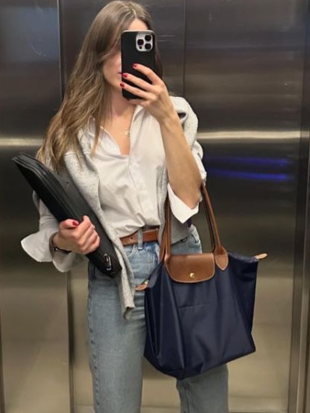 Longchamp Le Pliage Original Tote Bag L Navy, Longchamp Le Pliage Original Tote Bag M Navy 착용 스타일 - 5