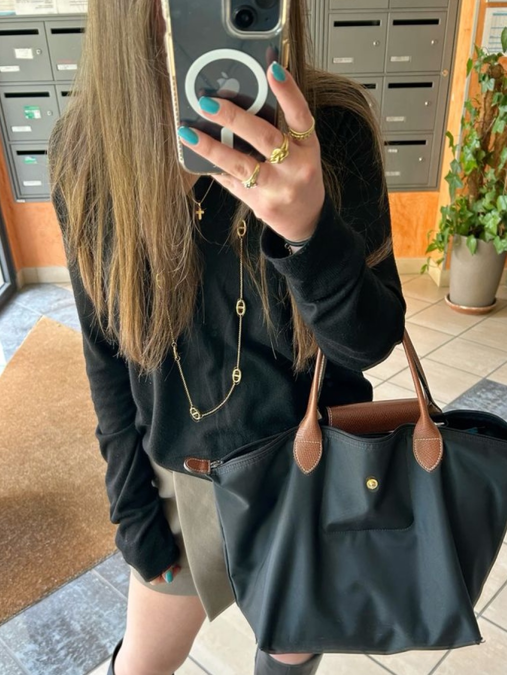 Longchamp Le Pliage Original Tote Bag L Navy, Longchamp Le Pliage Original Tote Bag M Navy 착용 스타일 - 7