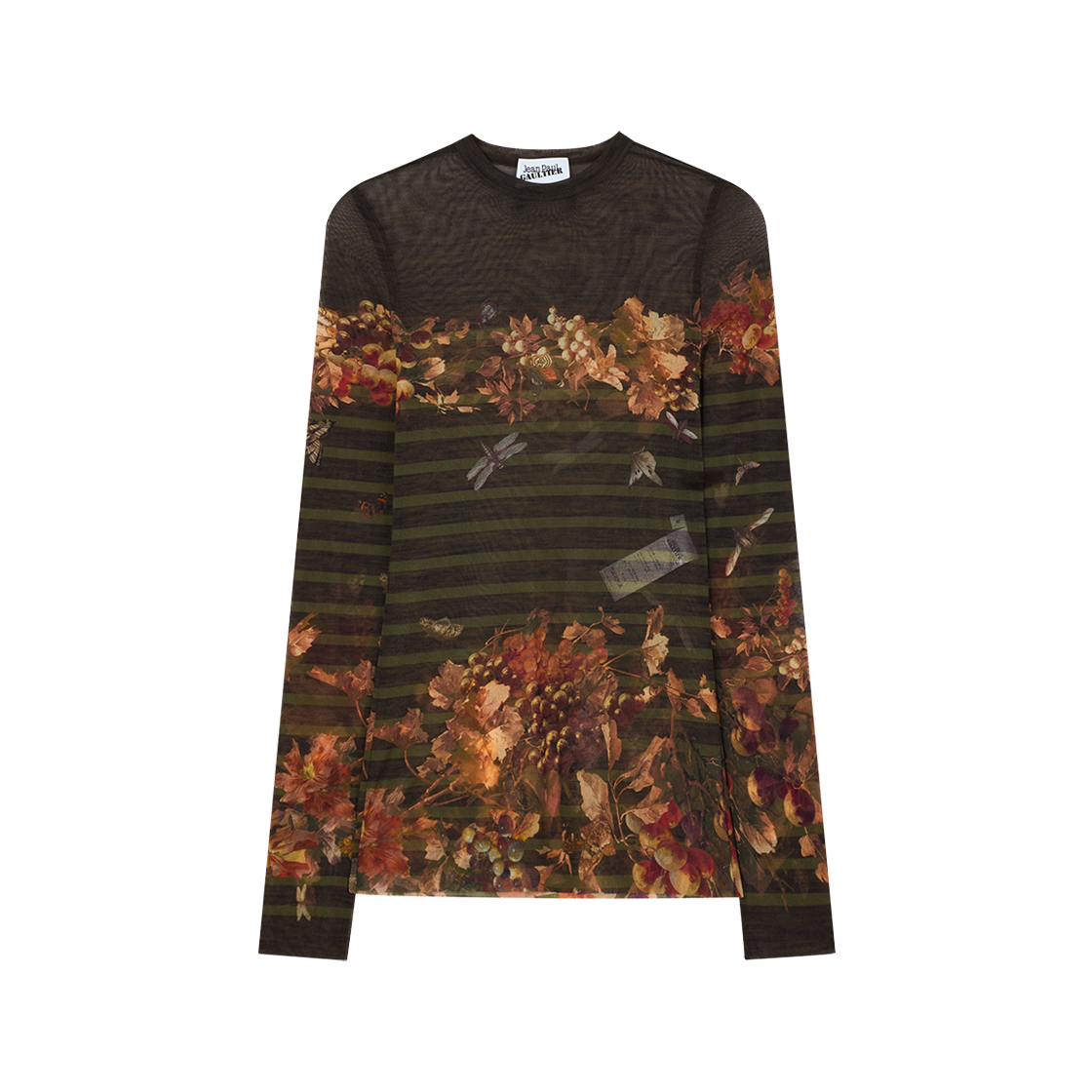 장 폴 고티에 우먼 메쉬 롱 슬리브 탑 프린티드 "Mariniere Grape" 카키 - 26SS(Jean Paul Gaultier Women Mesh Long Sleeves Top Printed "Marinière Grape" Khaki - 26SS)