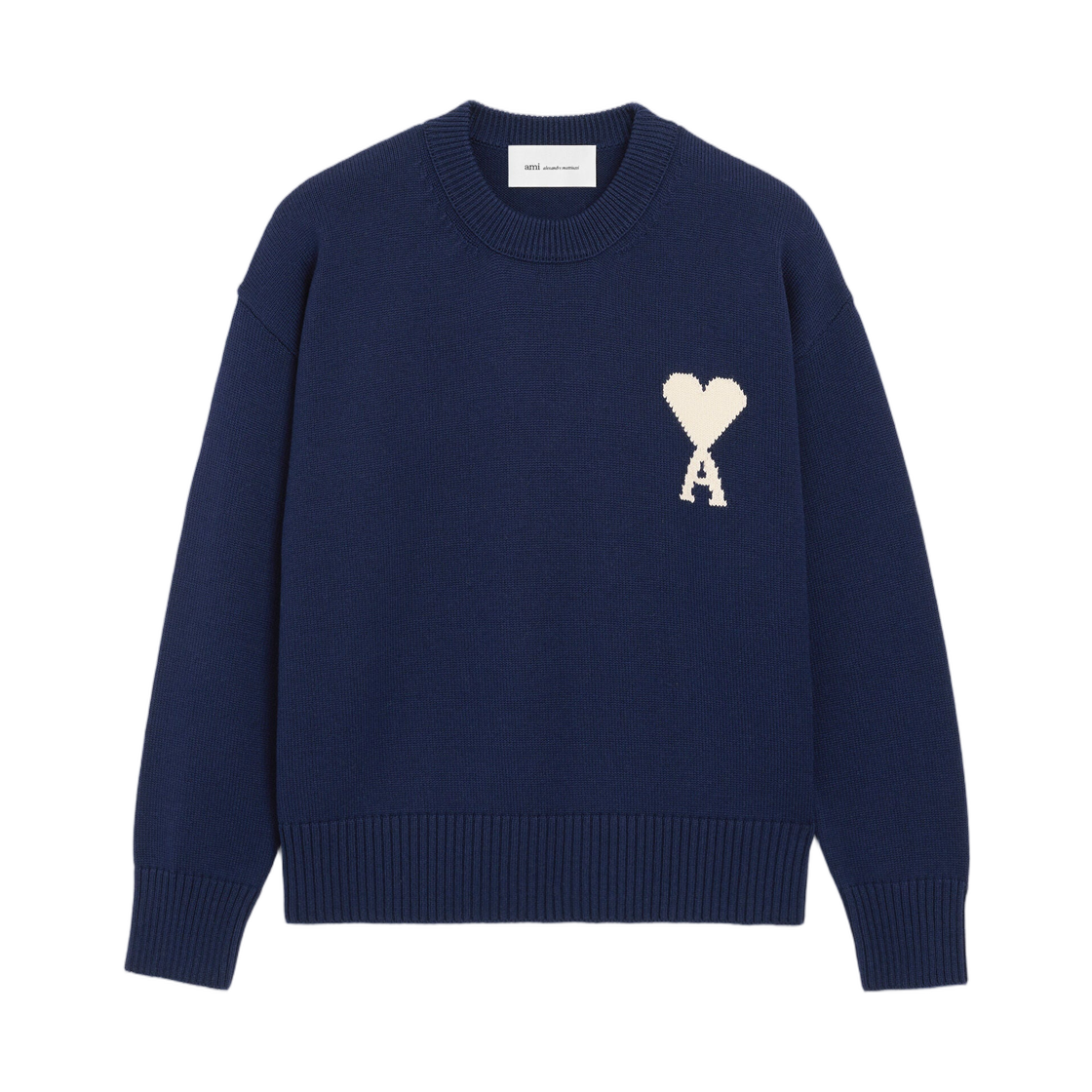 UKS859-KN0156-A116 AMI Blue Wool and Cotton Crewneck Ami De Coeur Sweater Ink Off White