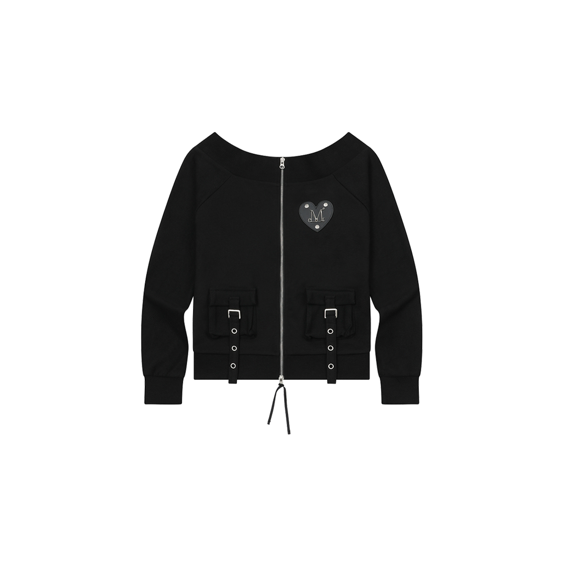 무센트 티르 메탈 로고 하트 패치 오프 숄더 스웻 집업 (2컬러) 블랙(MUCENT Tir Metal Logo Heart Patch Off Shoulder Sweat Zip-up Black) - 1