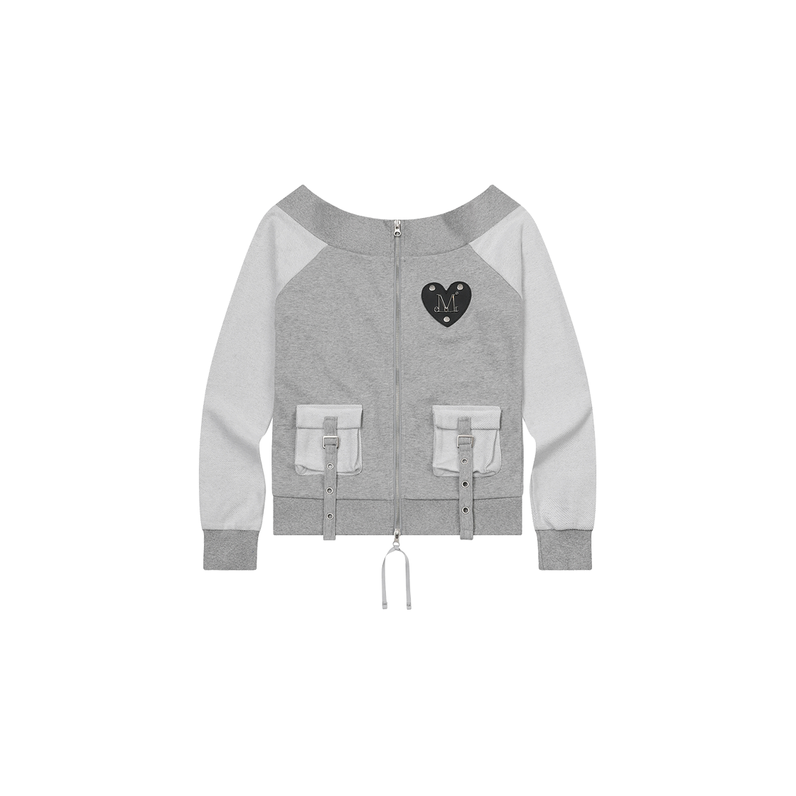 무센트 티르 메탈 로고 하트 패치 오프 숄더 스웻 집업 (2컬러) 그레이(MUCENT Tir Metal Logo Heart Patch Off Shoulder Sweat Zip-up Gray) - 1