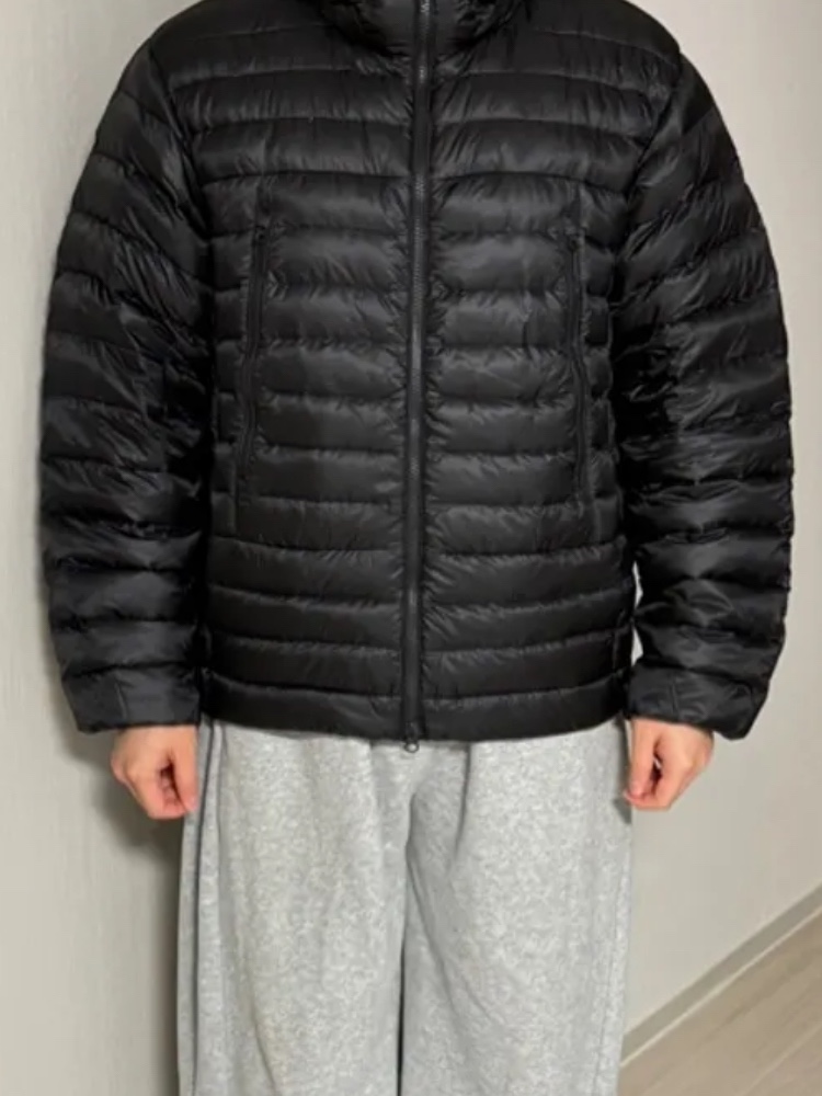 Musinsa Standard City Leisure Hooded Light Down Jacket Black 착용 스타일
