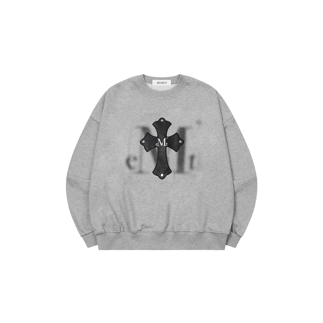 무센트 모니크 블러 로고 크로스 레더 패치 맨투맨 남녀공용 (2컬러) 그레이(MUCENT Moniq Blur Logo Cross Leather Patch MTM Unisex Gray) - 1