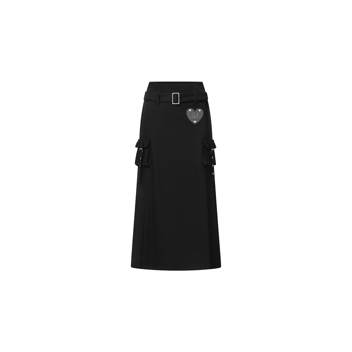 무센트 민즈 메탈 로고 하트 패치 롱 스커트 (2컬러) 블랙(MUCENT Minz Metal Logo Heart Patch Long Skirt (2Color) Black)