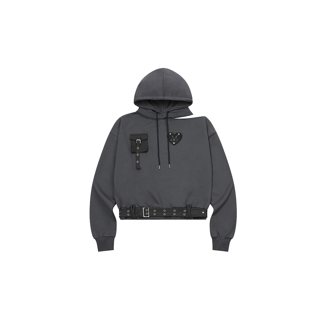 무센트 카엔 메탈 로고 컷아웃 원 숄더 후드 티 차콜(MUCENT Kaen Metal Logo Cut Out One Shoulder Hood T Charcoal) - 1