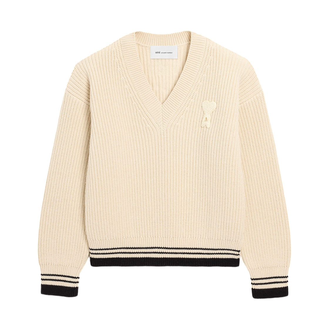 UKS864-KN0161-136 AMI White Ribbed Wool V-Neck Ami De Coeur Sweater White Cream
