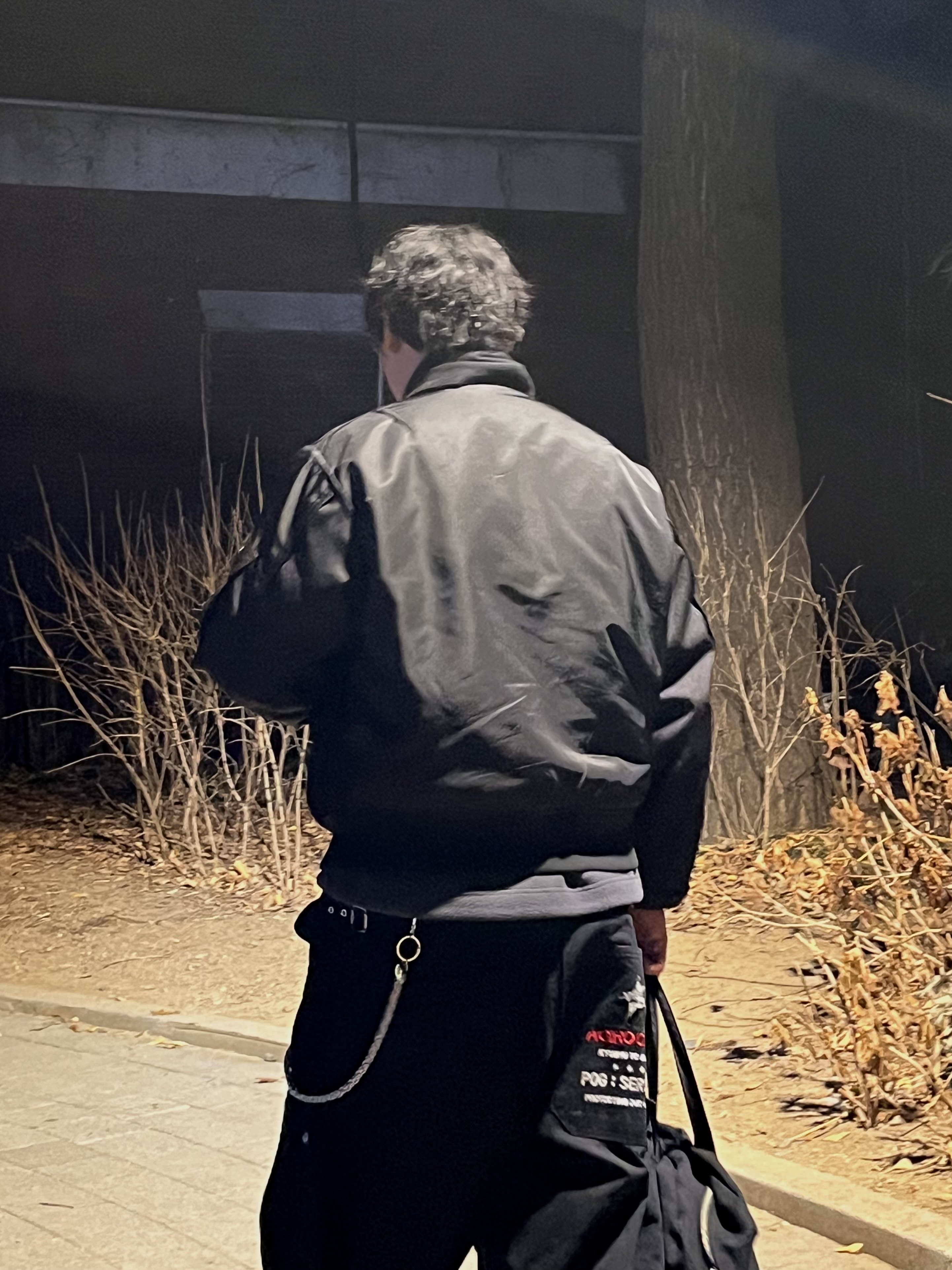 Dr. Martens 1461 Inferno Silver Black, Aoiro x Pog Service Hikari M65 Curved Pants Vintage Black 착용 스타일 - 3