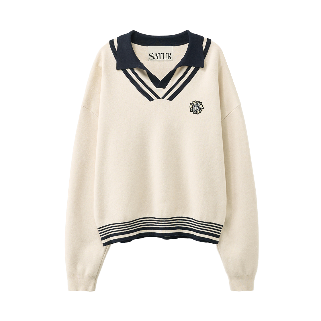 SA261UKT02CRM0 SATUR Crest Logo Open Collar Knit Cream
