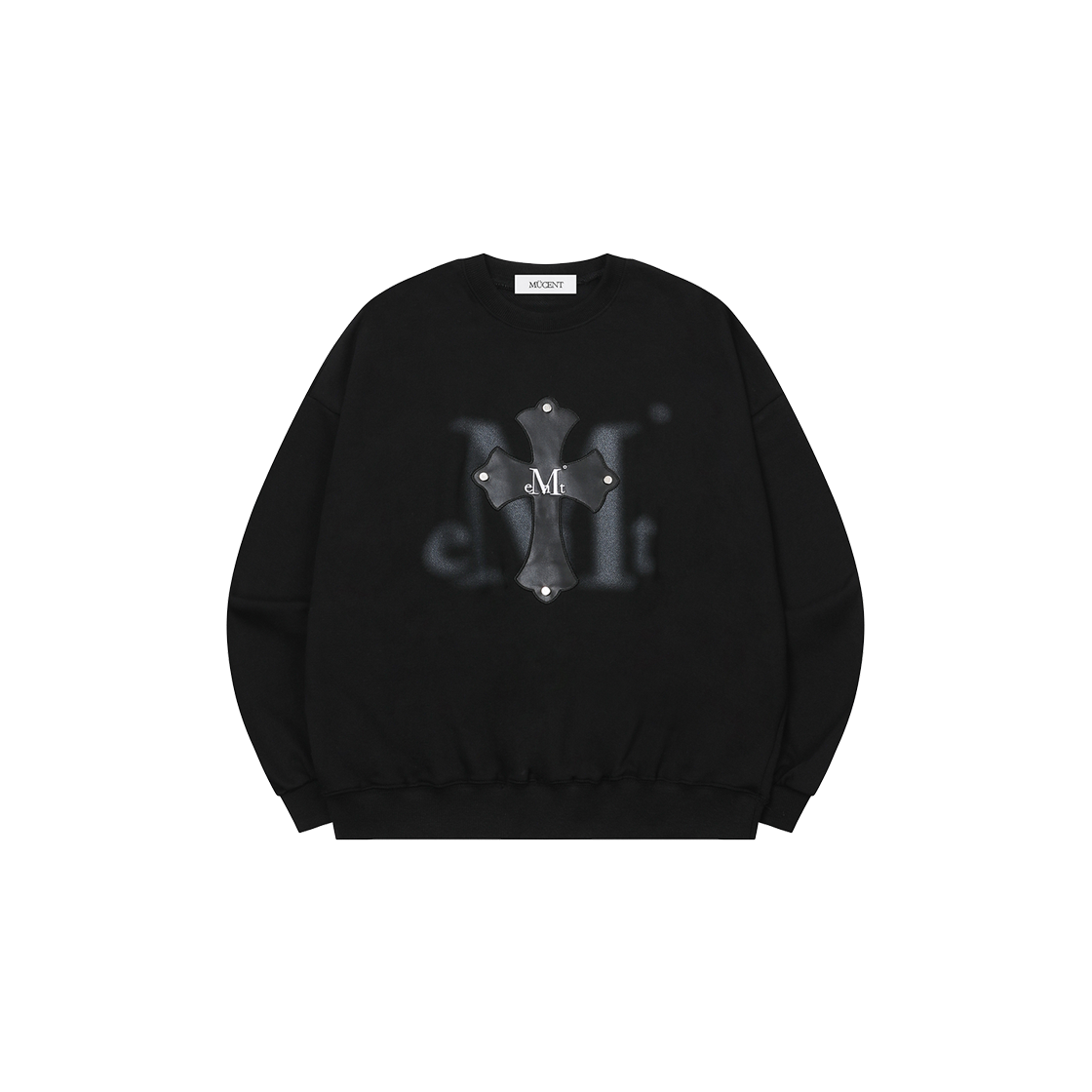 무센트 모니크 블러 로고 크로스 레더 패치 맨투맨 남녀공용 (2컬러) 블랙(MUCENT Moniq Blur Logo Cross Leather Patch MTM Unisex Black)