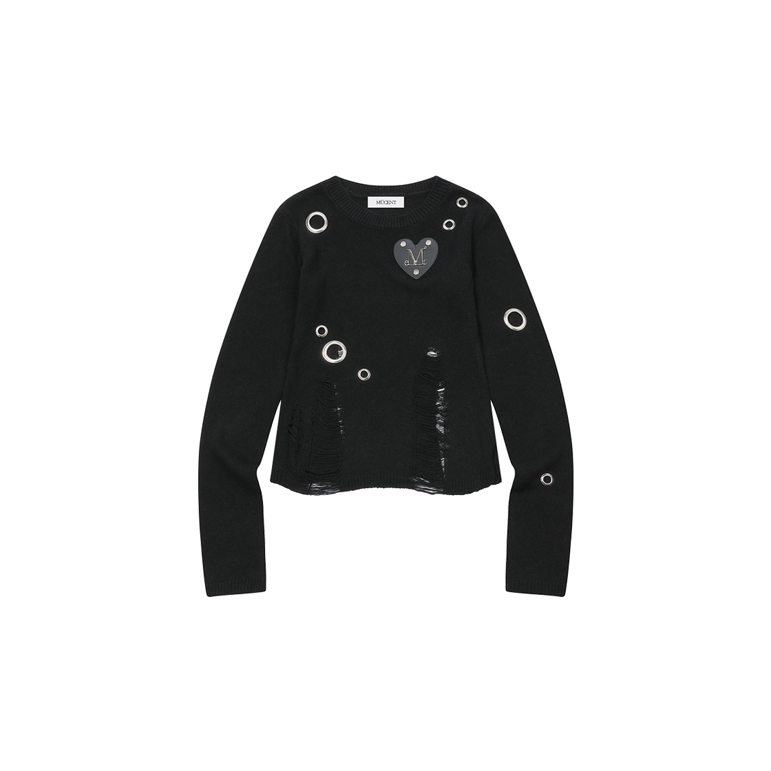 무센트 웨건 메탈 로고 하트 패치 아일렛 데미지 니트 블랙(MUCENT Wagon Metal Logo Heart Patch Eyelet Damage Knit Black) - 1