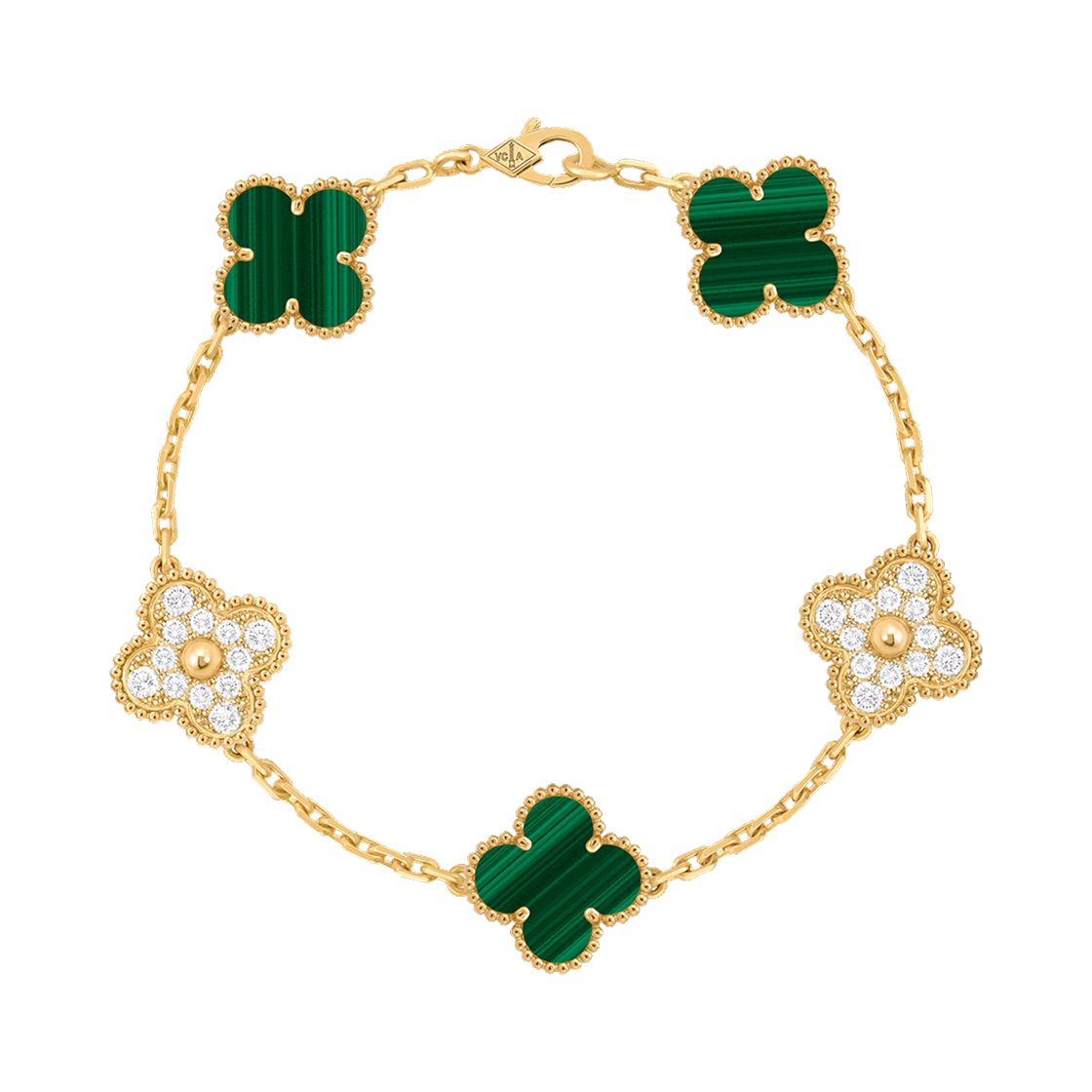 VCARO7GQ00 Van Cleef & Arpels Vintage Alhambra Bracelet 5 Motifs 18K Yellow Gold Diamond Malachite