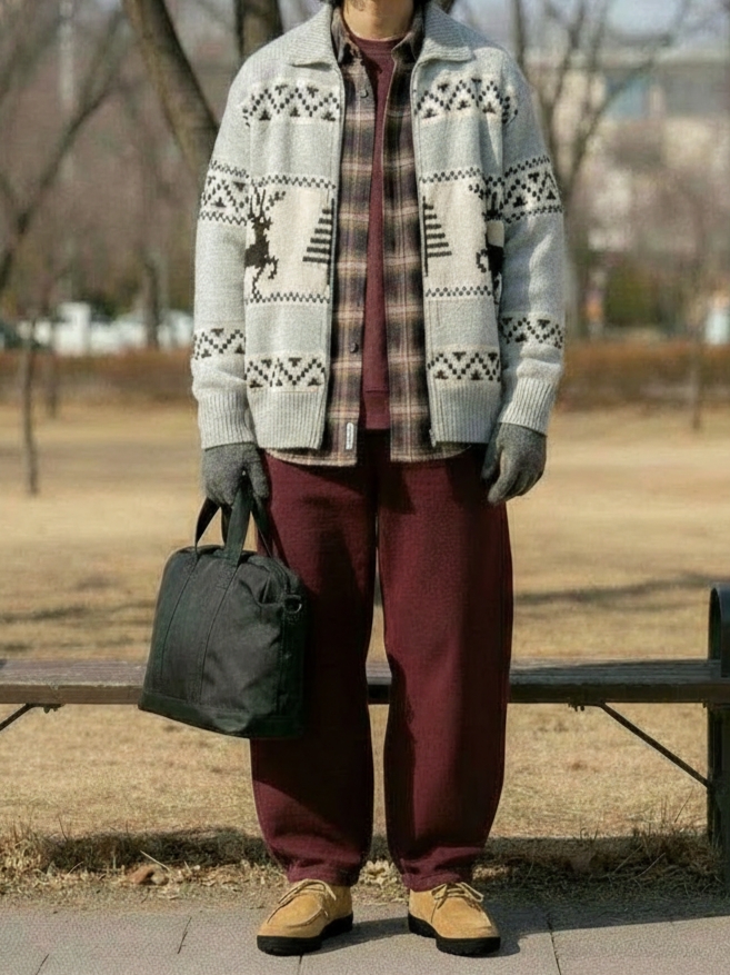 Millo Archive Reflect Curved Pants Burgundy 착용 스타일 - 2