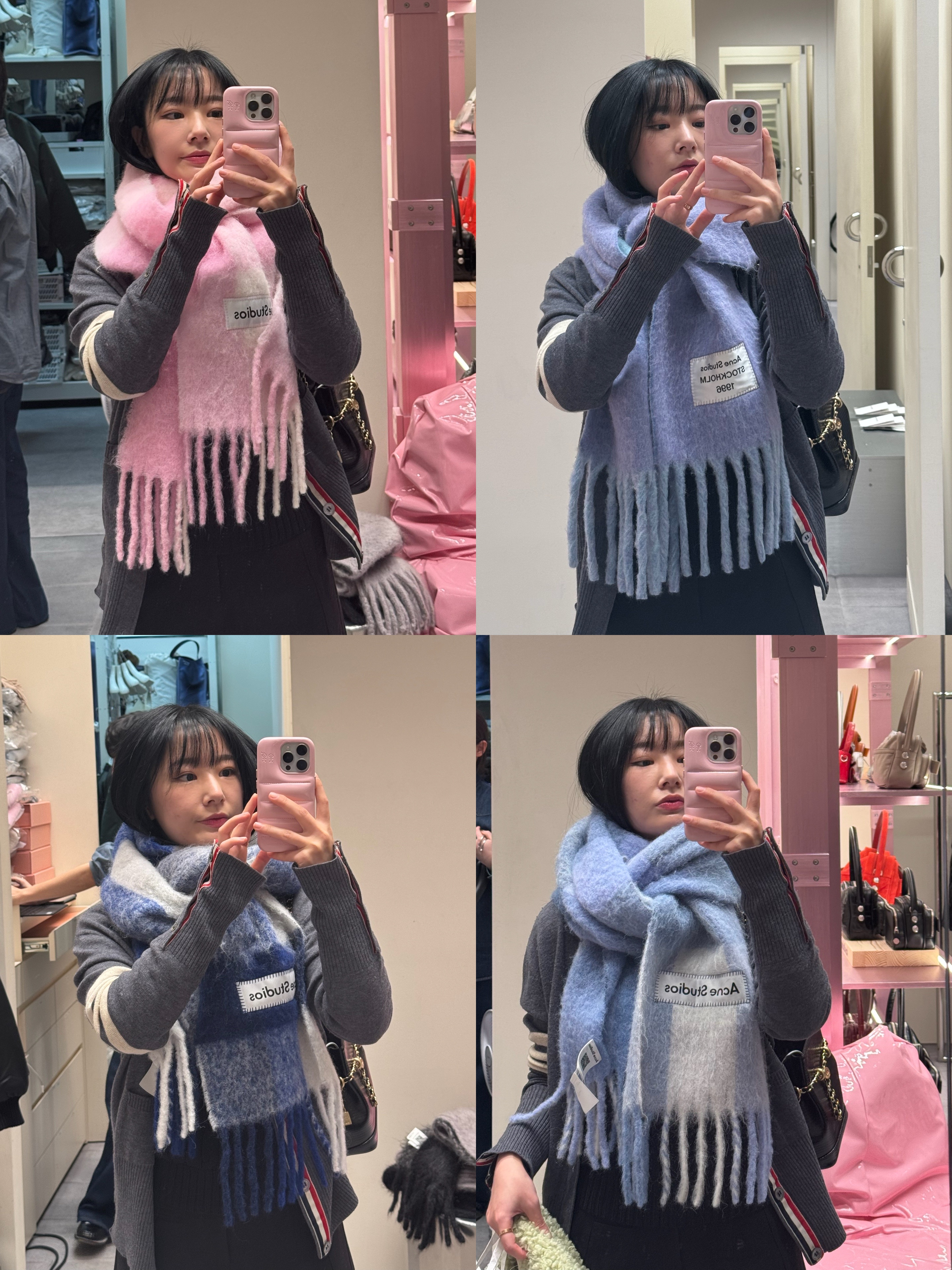 Acne Studios Mohair Check Muffler White Grey Royal Blue, Acne Studios Mohair Check Muffler Candy Pink White 착용 스타일 - 1