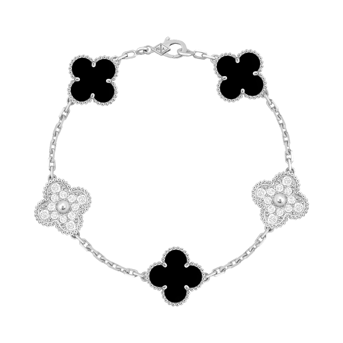 반 클리프 & 아펠 빈티지 알함브라 브레이슬릿 5 모티브 18K 화이트 골드 다이아몬드 오닉스