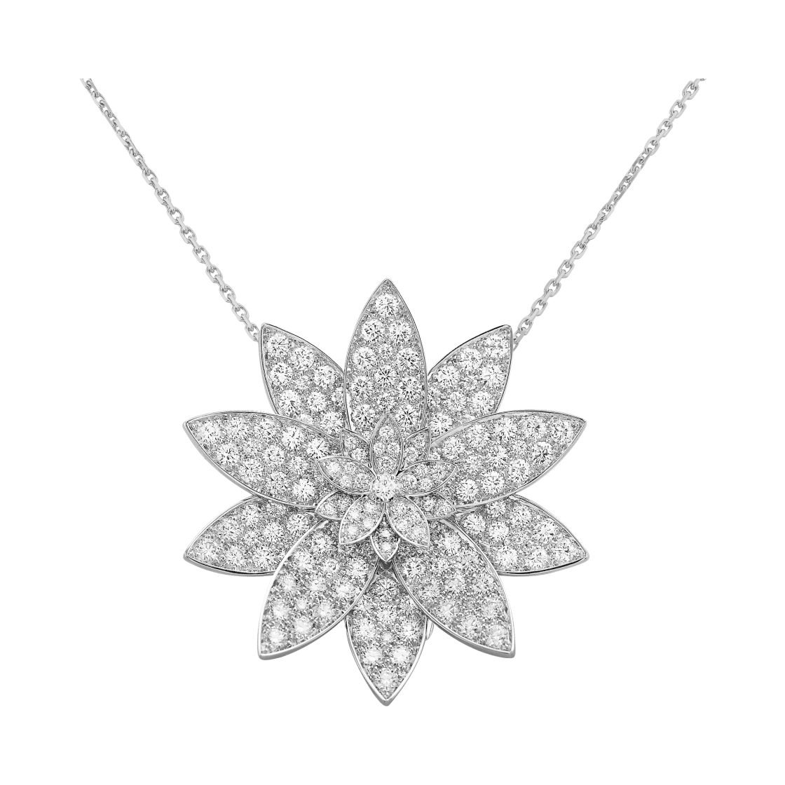 반 클리프 & 아펠 로터스 클립 펜던트 라지 모델 18K 화이트 골드 다이아몬드(Van Cleef & Arpels Lotus Clip Pendant Large Model 18K White Gold Diamond)