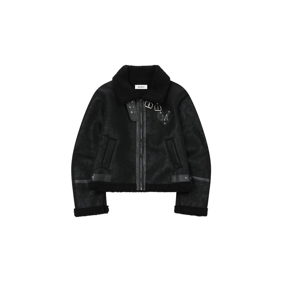 무센트 모엘 메탈 로고 하트 패치 무스탕 자켓 블랙(MUCENT Moel Metal Logo Heart Patch Mustang Jacket Black)