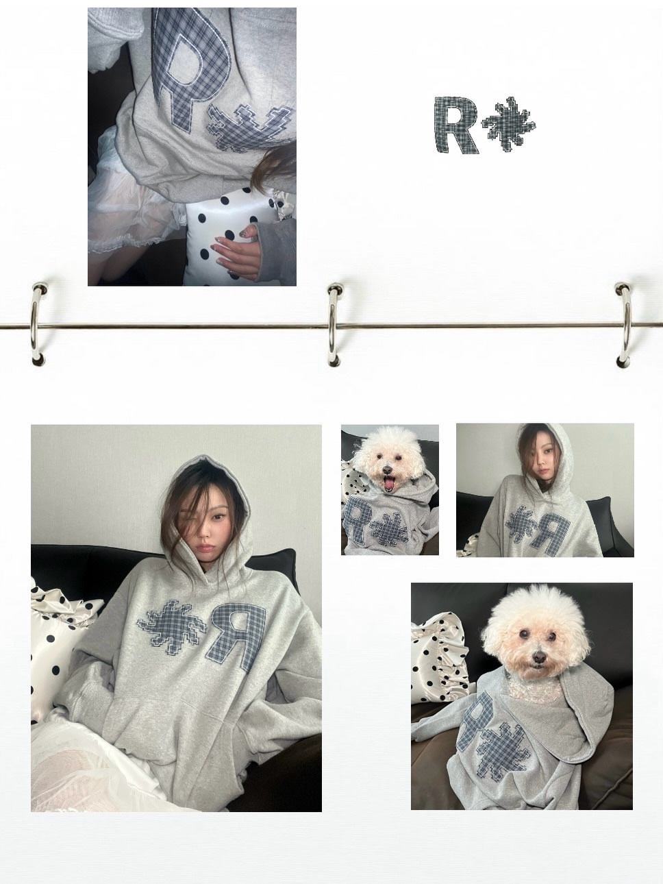 SLOW RECORD HOUSE Check Patch Hoodie Grey 착용 스타일 - 4
