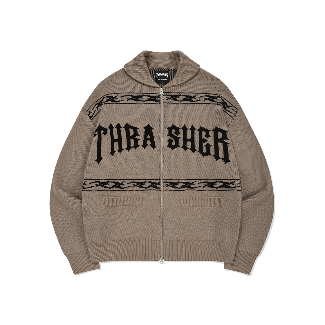 트레셔 로우로우 패턴 니트집업 베이지(THRASHER Lowlow Pattern Knit Zip-Up Beige)