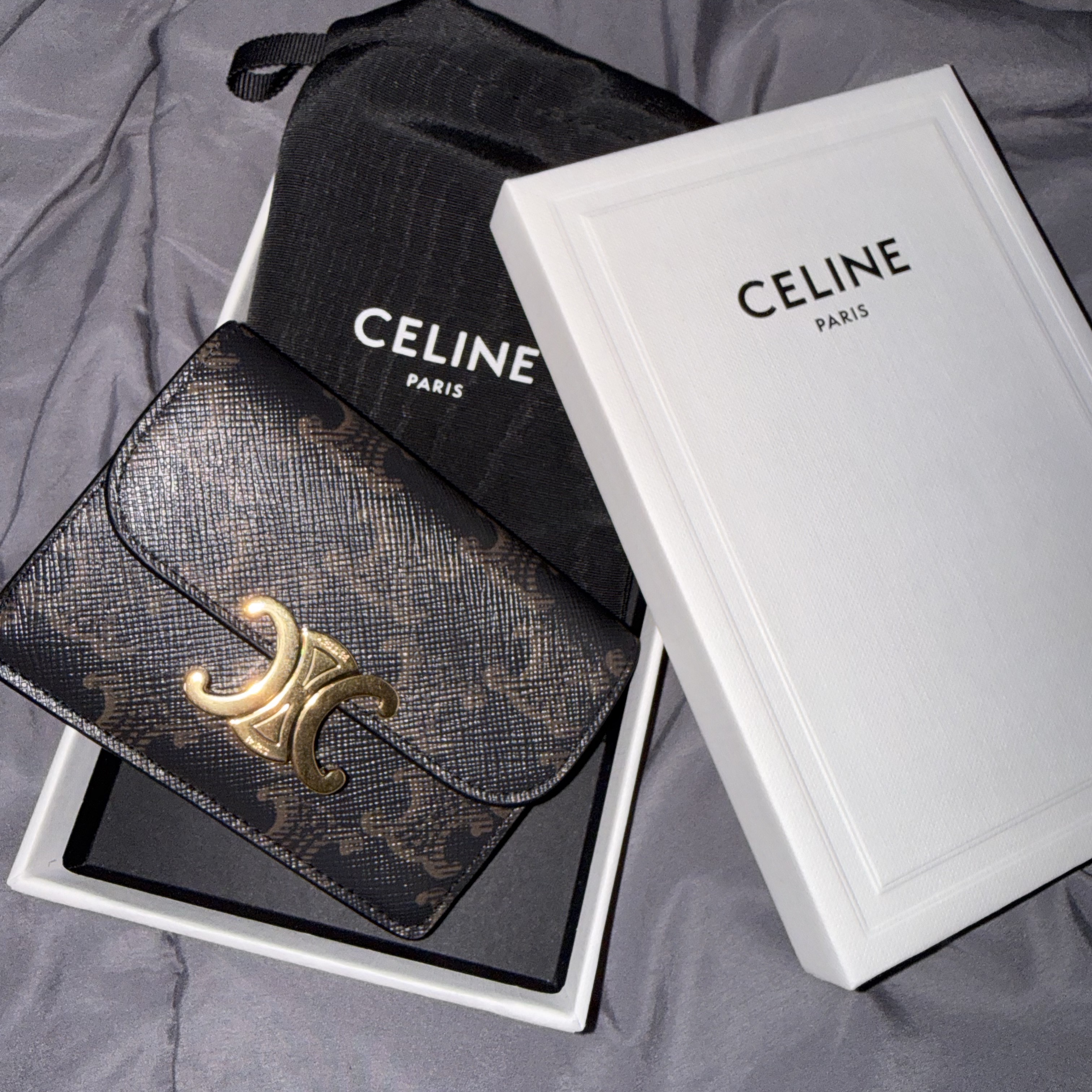Celine Card Holder with Flap in Triomphe Canvas Tan 착용 스타일