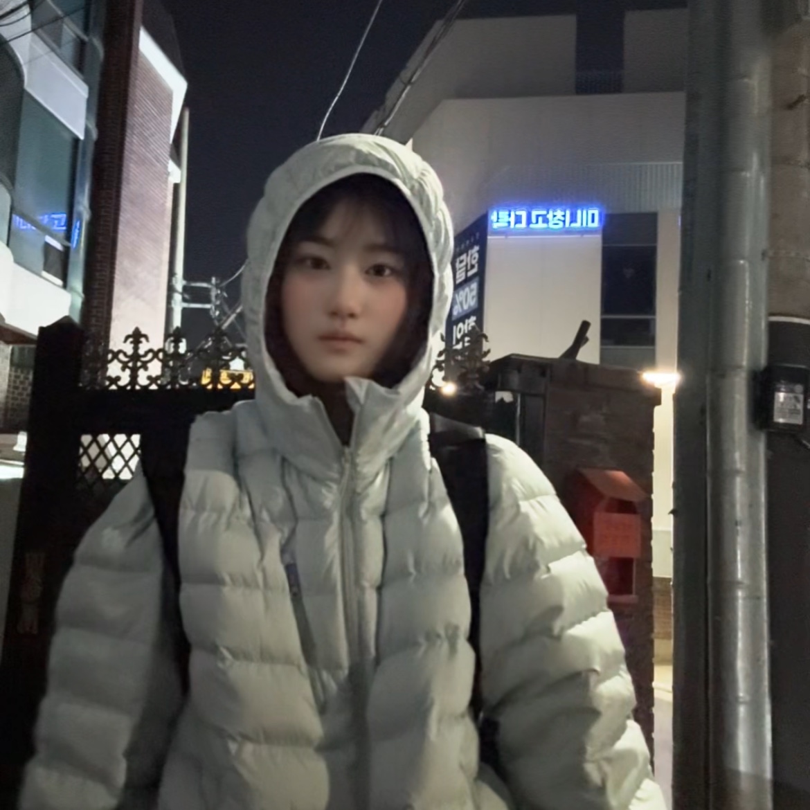 Musinsa Standard City Leisure Hooded Light Down Jacket Cloudy Blue 착용 스타일