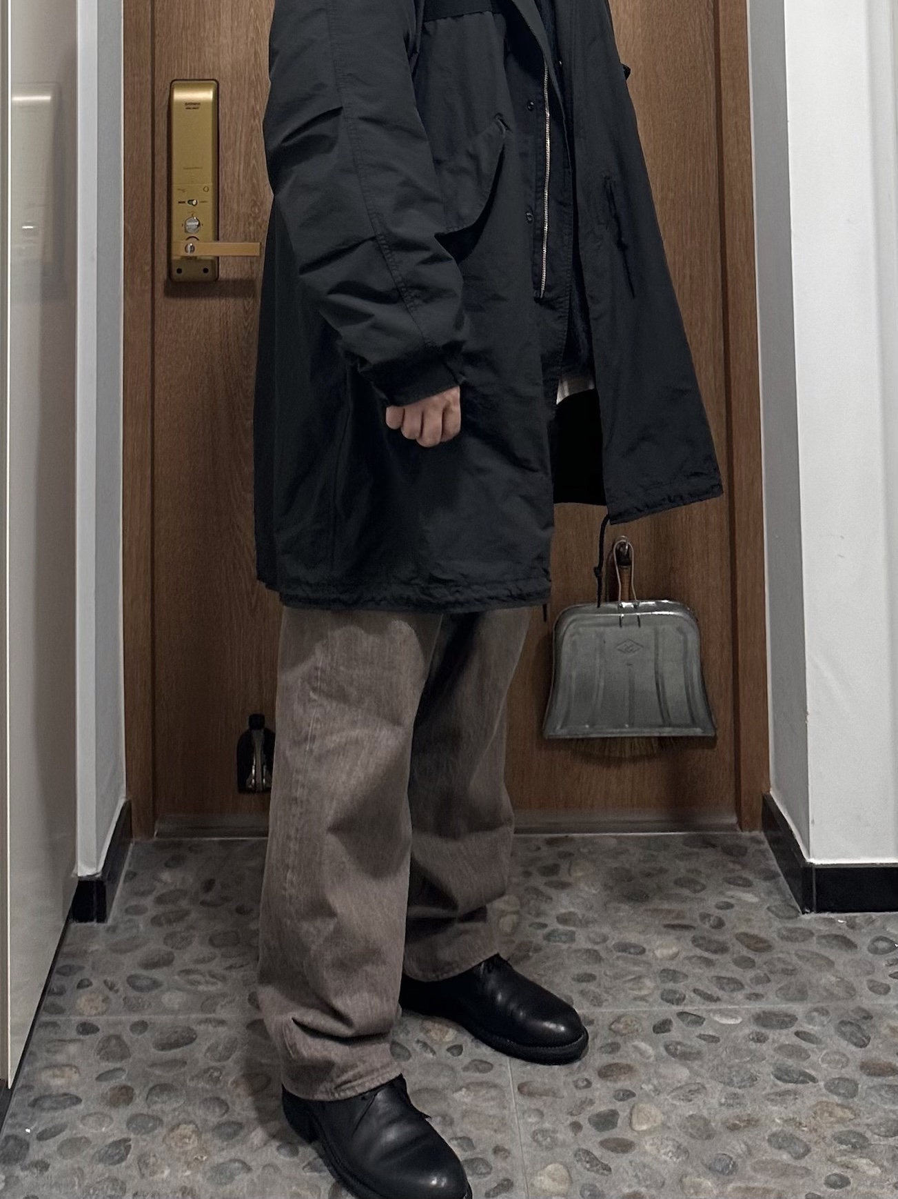 Our Legacy Cardigan Mohair Black, Auralee Hard Twist Denim Wide Pants Mocha Brown - 23AW 착용 스타일 - 1