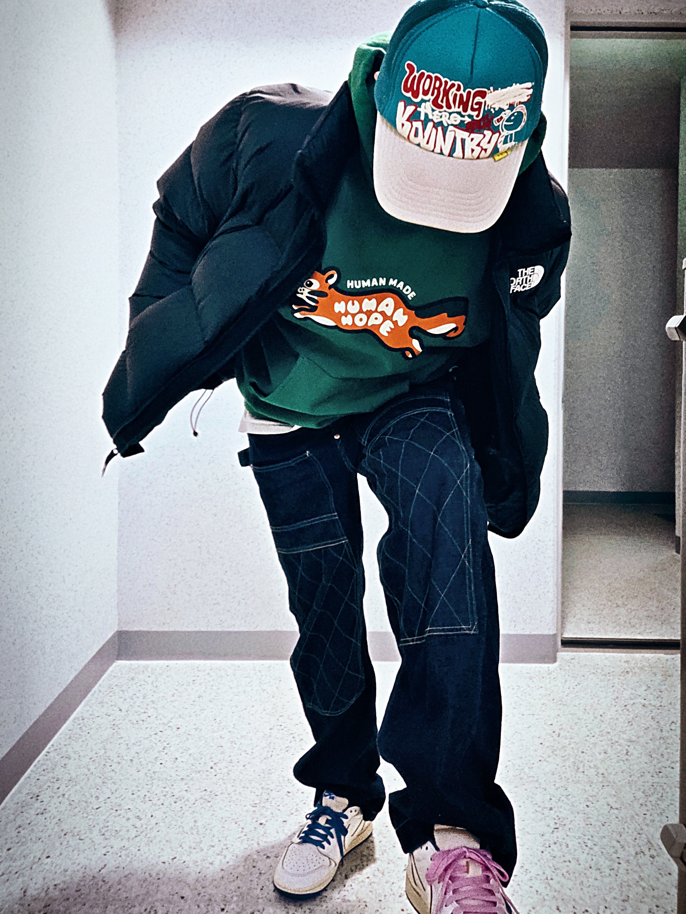 Human Made Human Hope Heavyweight Hoodie Green, Kapital 11.5 oz. Denim Lumber Pants Indigo 착용 스타일