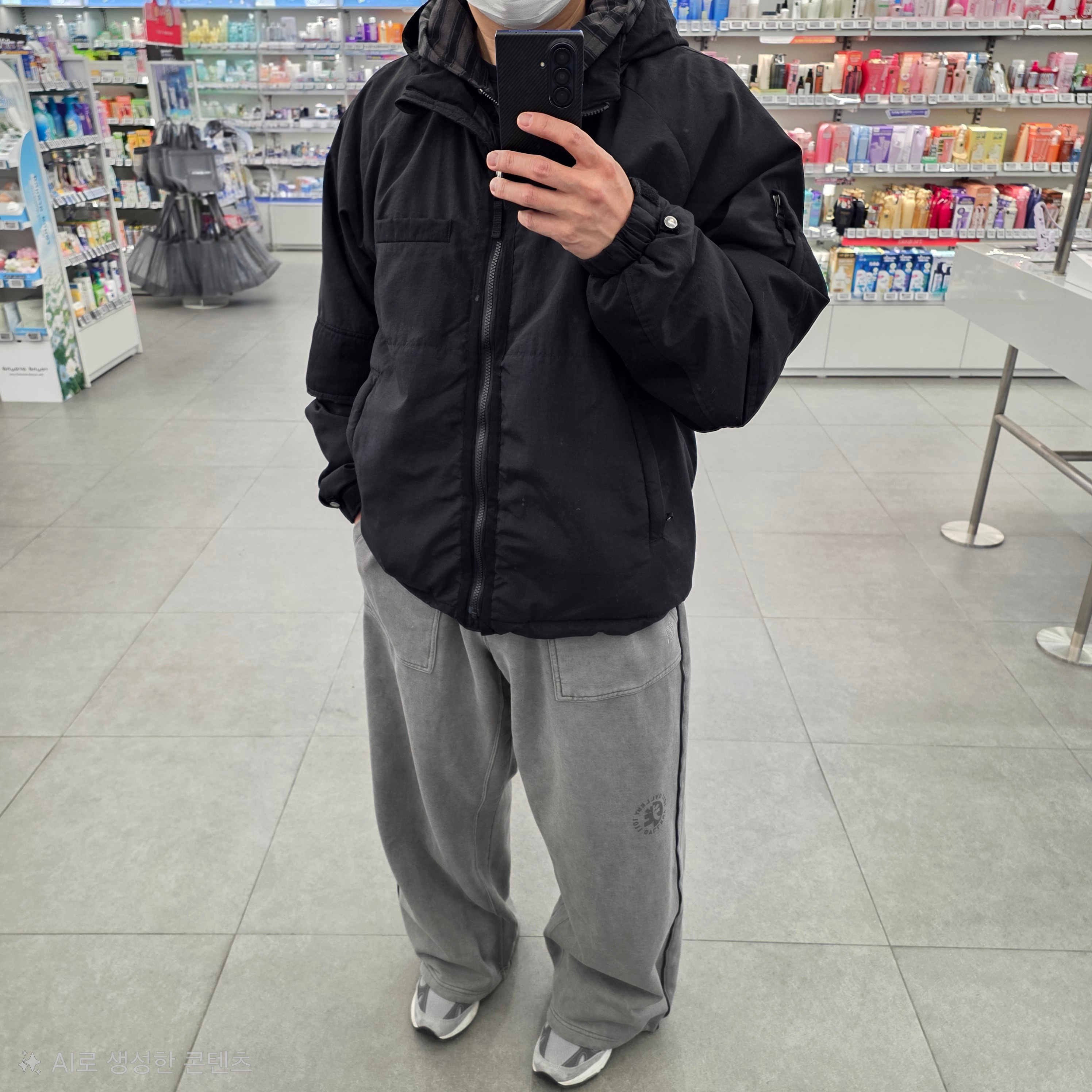 Polyteru Level 7 Light Puffer Jacket Black, Polyteru Human Index Human Striped Zip Hoodie Black 착용 스타일