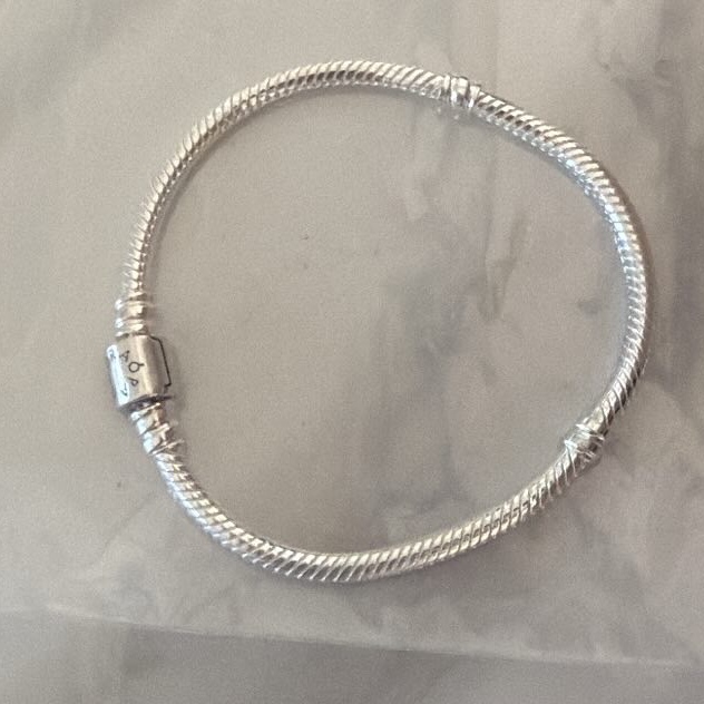 (W) Pandora Moments Barrel Clasp Snake Chain Bracelet Sterling Silver 착용 스타일