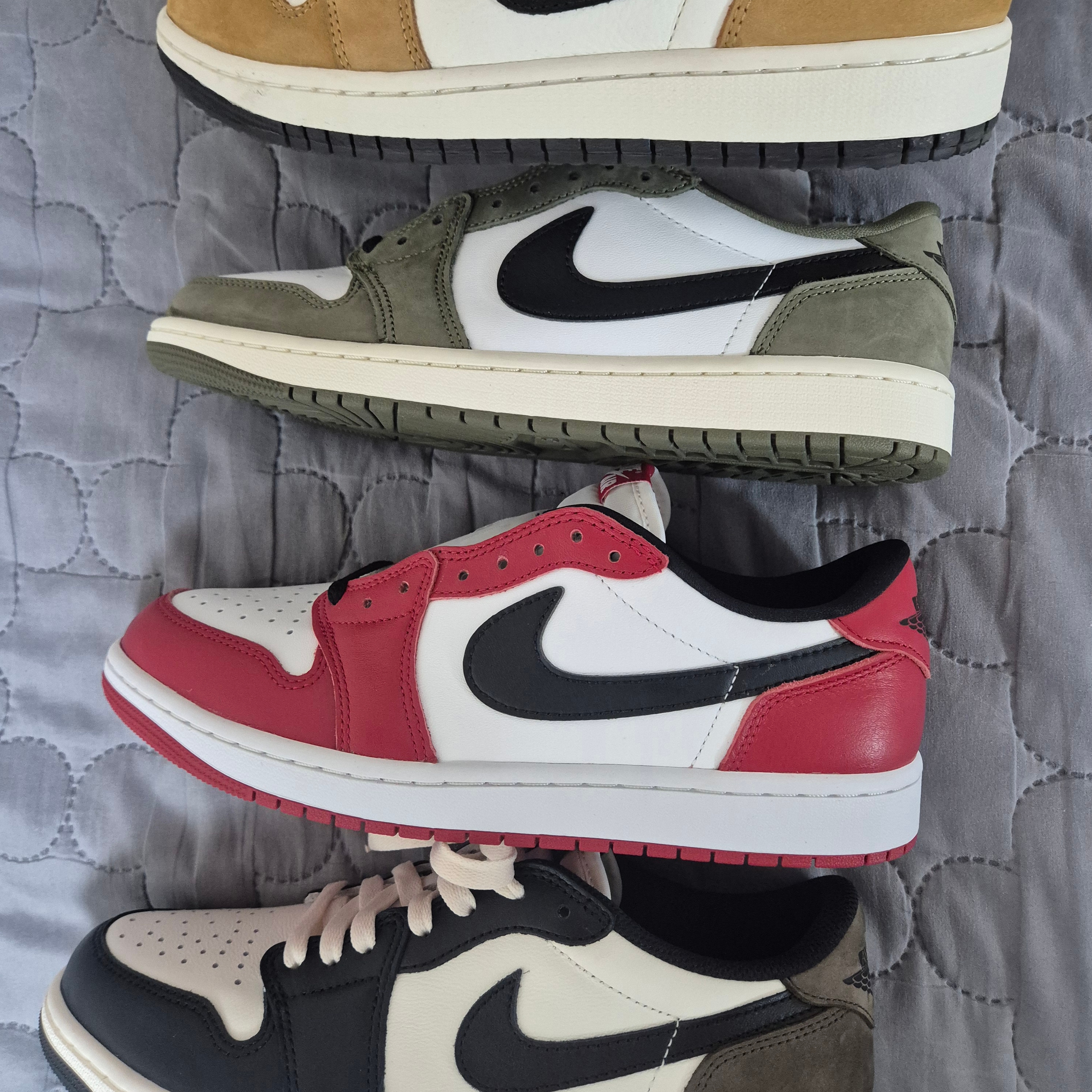 Jordan 1 x Travis Scott Retro Low OG SP Reverse Olive, Jordan 1 Retro Low OG Medium Olive and Summit White 착용 스타일 - 2