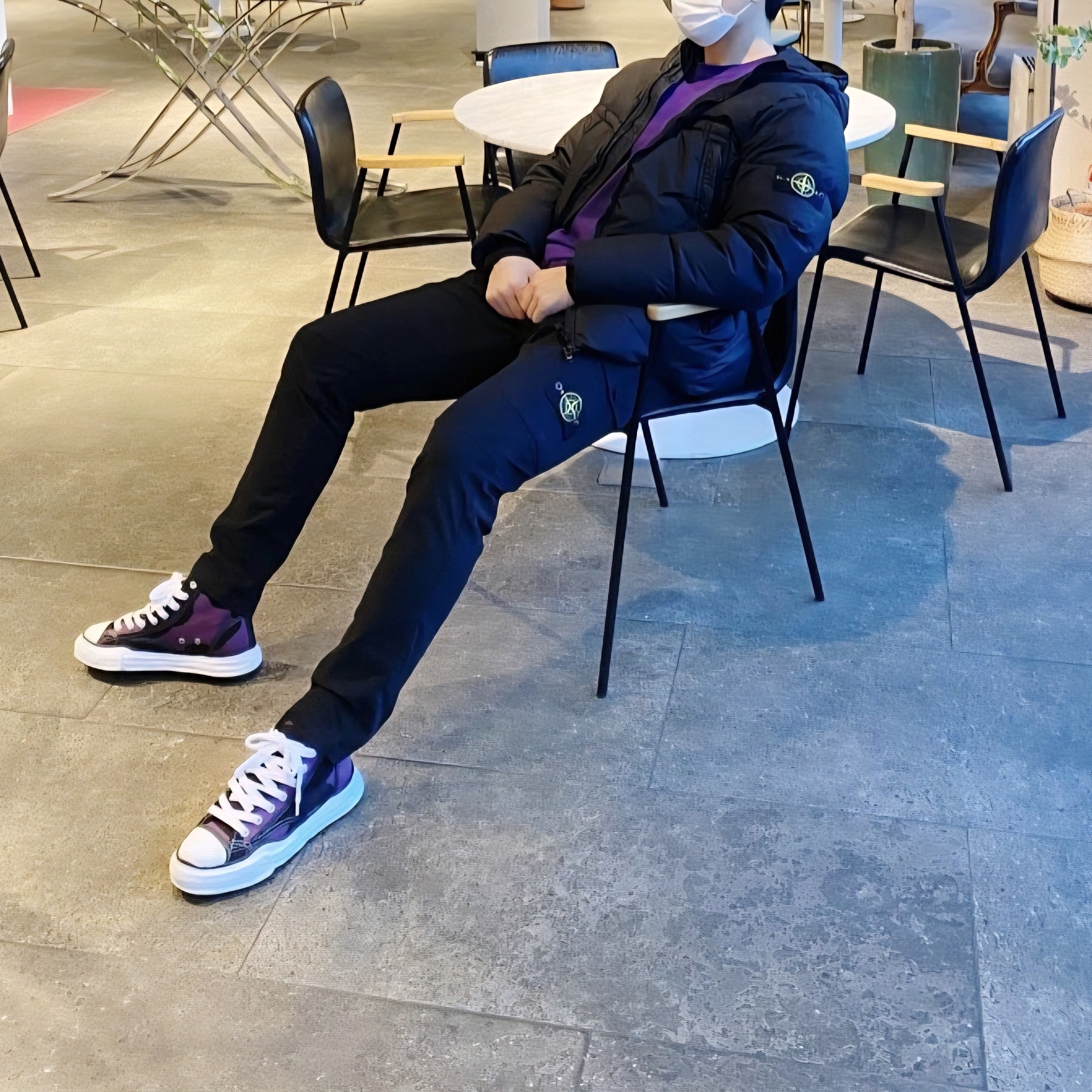 Maison Mihara Yasuhiro Peterson OG Sole Canvas High-top Sneakers Purple, Stone Island 40723 Crinkle Reps Hooded Down Jacket Black - 20FW 착용 스타일