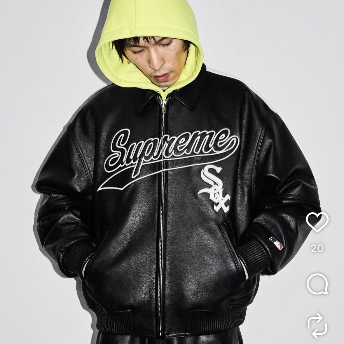 Supreme x Chicago White Sox Leather Varsity Jacket Black - 25FW 착용 스타일