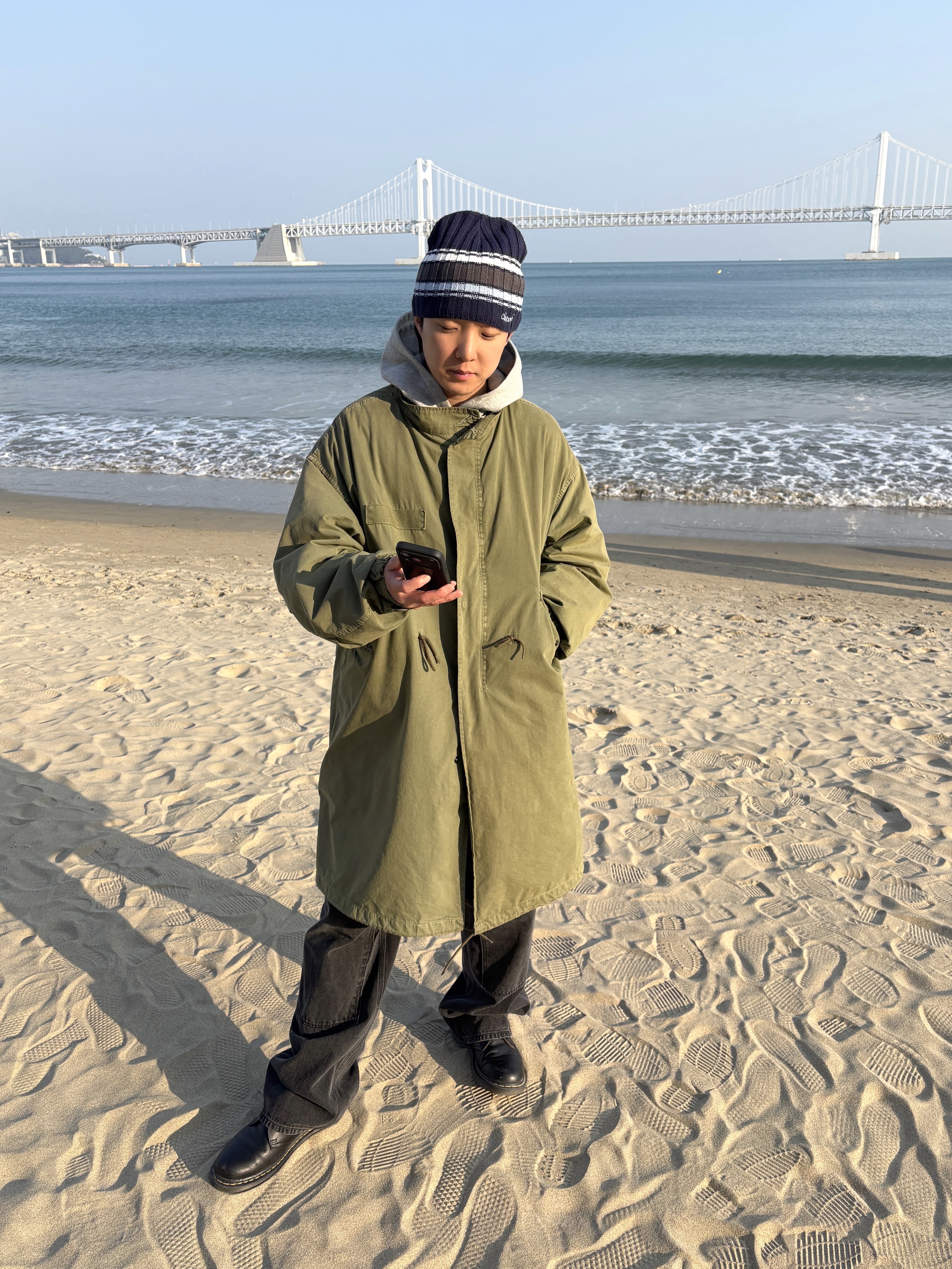 Freak's Store M-65 Liner Set Faded Olive, Thisisneverthat Denim Double Knee Pants Black 착용 스타일 - 3