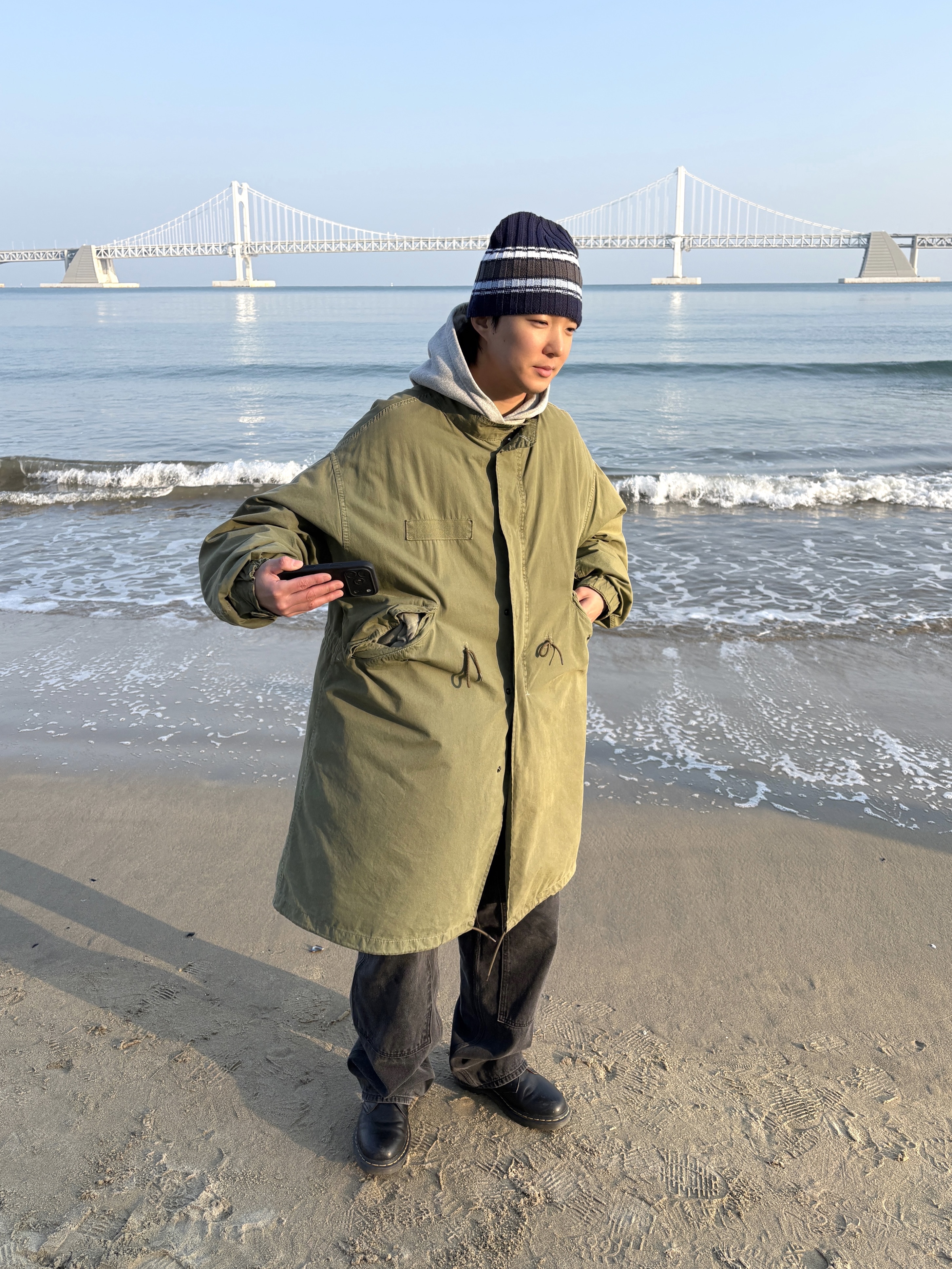 Freak's Store M-65 Liner Set Faded Olive, Thisisneverthat Denim Double Knee Pants Black 착용 스타일 - 2