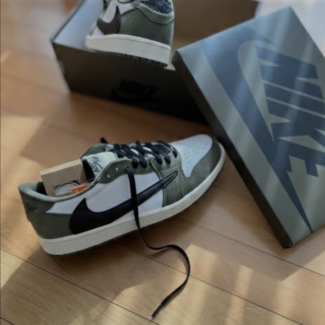 Jordan 1 Retro Low OG Medium Olive and Summit White 착용 스타일 - 1