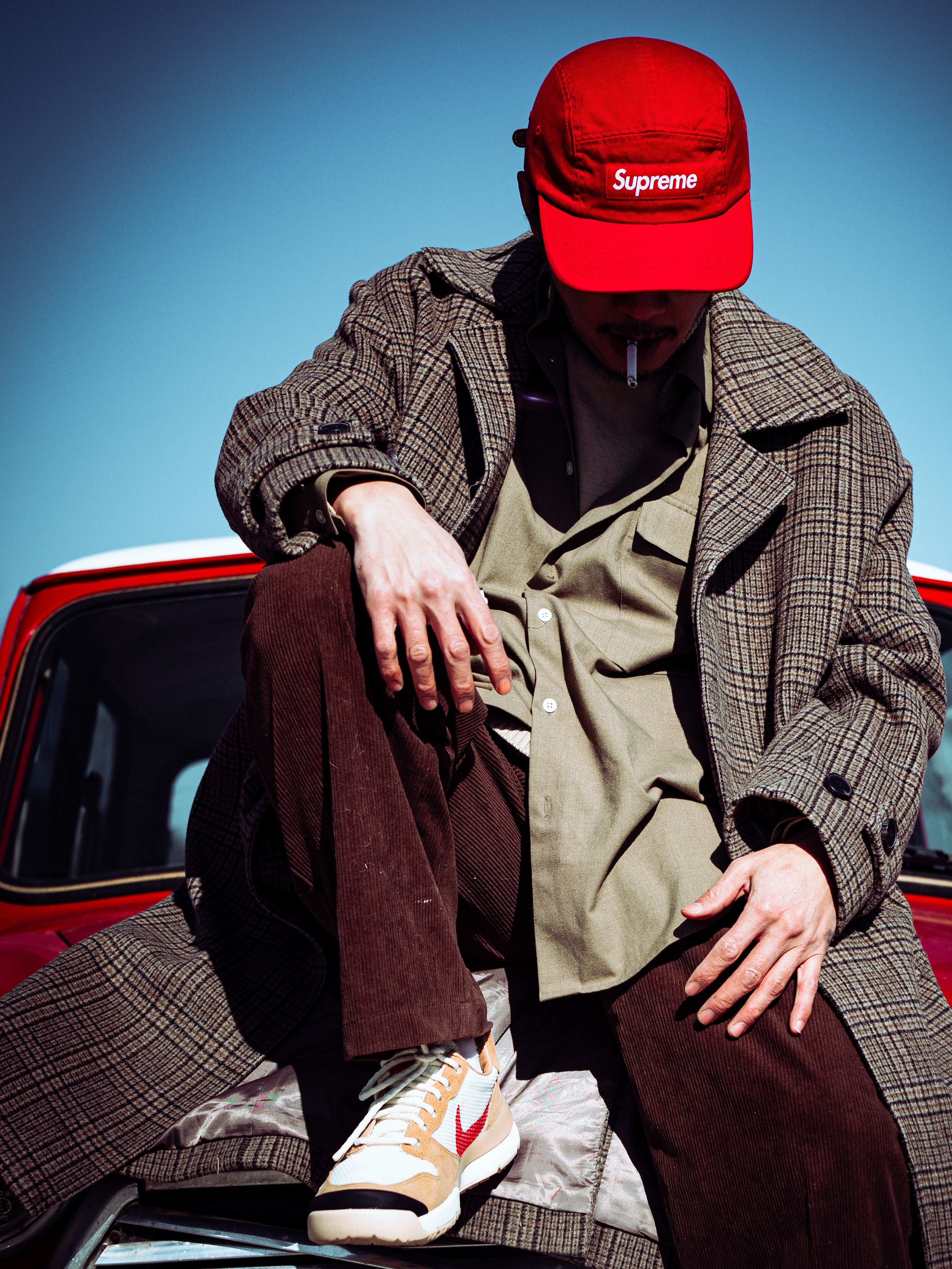 Nike x Tom Sachs Mars Yard Shoe 3.0 Space Camp, Supreme Washed Chino Twill Camp Cap Red - 25SS 착용 스타일 - 3