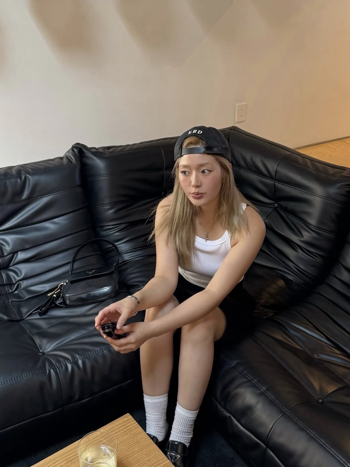 Prada Cleo Brushed Leather Shoulder Bag with Flap Black, (W) Miu Miu Leather Key Ring Black 착용 스타일 - 1