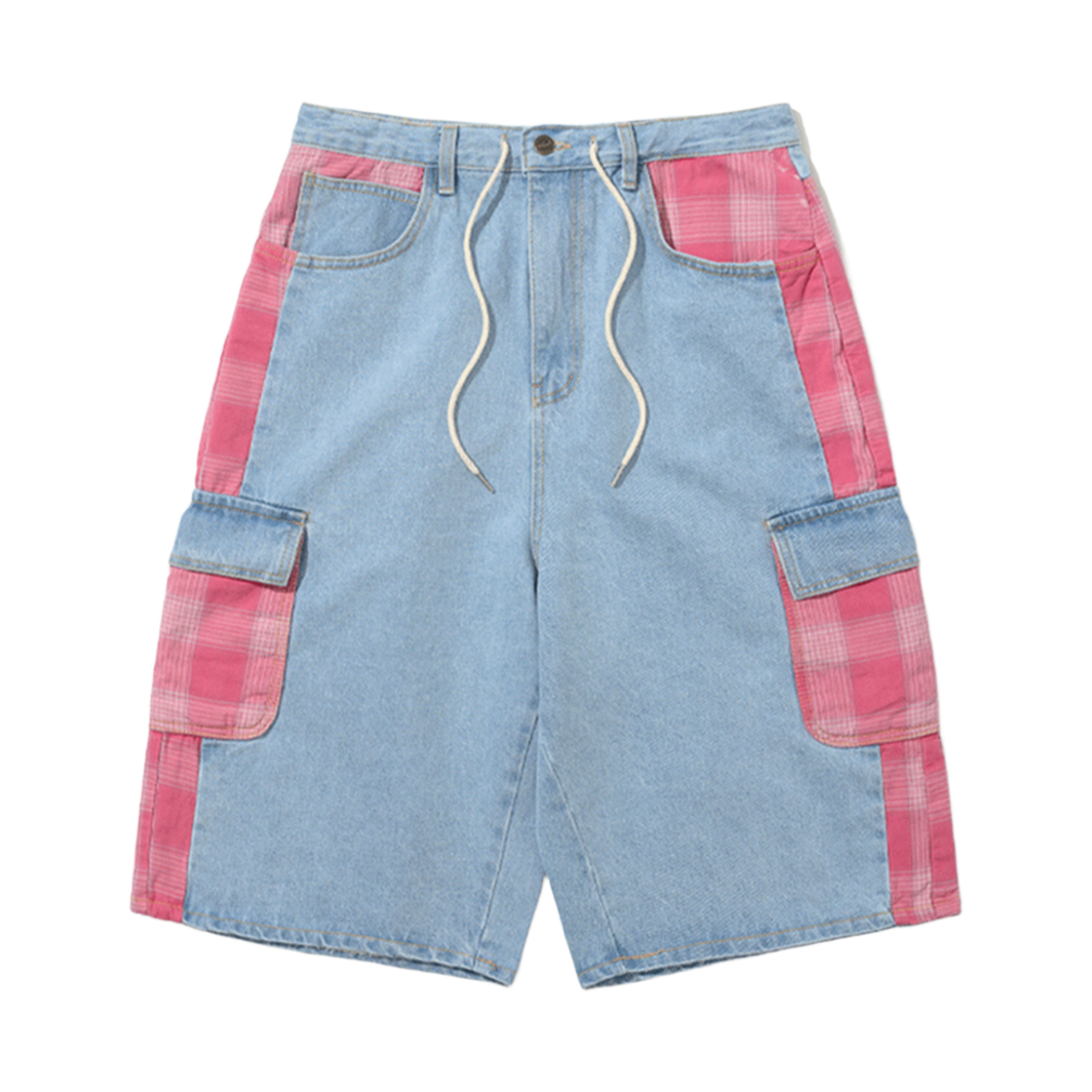 비에스래빗 카펜터 루즈핏 카고 데님 숏팬츠 체크믹스 라이트 블루(Bsrabbit Carpenter Loose Fit Cargo Denim Shorts Mixed Check Light Blue)