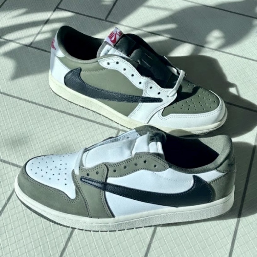 Jordan 1 Retro Low OG Medium Olive and Summit White, Jordan 1 x Travis Scott Retro Low OG SP Reverse Olive 착용 스타일