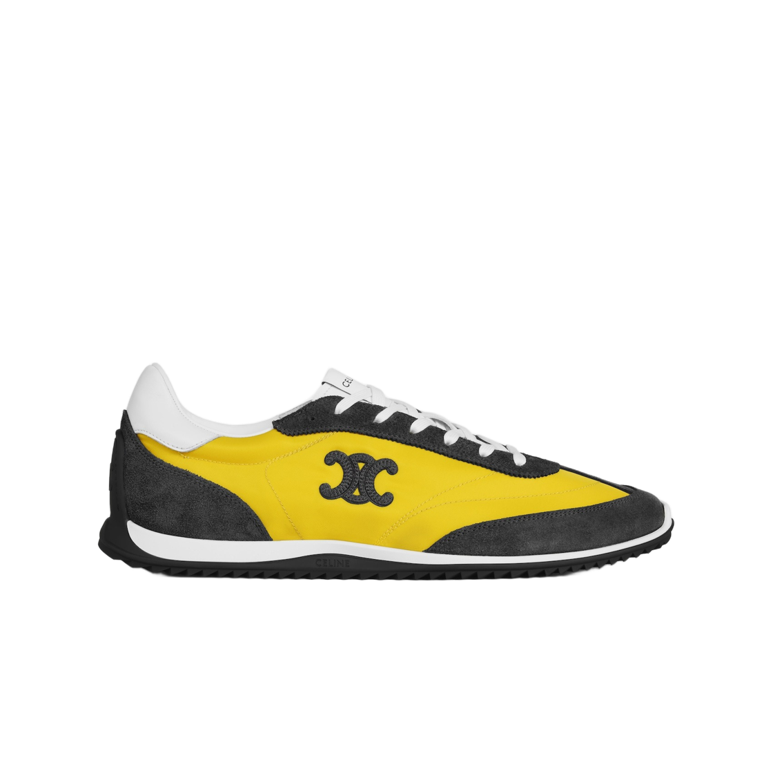 364945257C-GGF1 Celine Racer Low Lace-Up Sneakers with Triomphe in Nylon Suede Calfskin Yellow Dark Grey