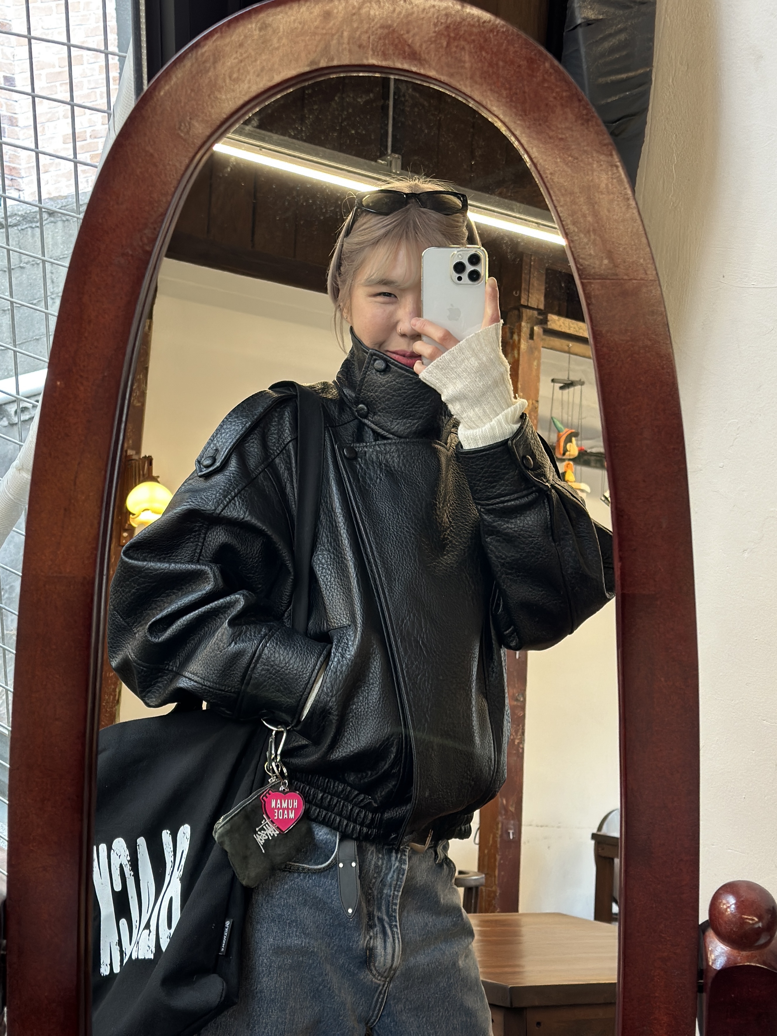 Zara Faux Leather Jacket Black, Human Made Acrylic Heart Keyring Pink 착용 스타일 - 5