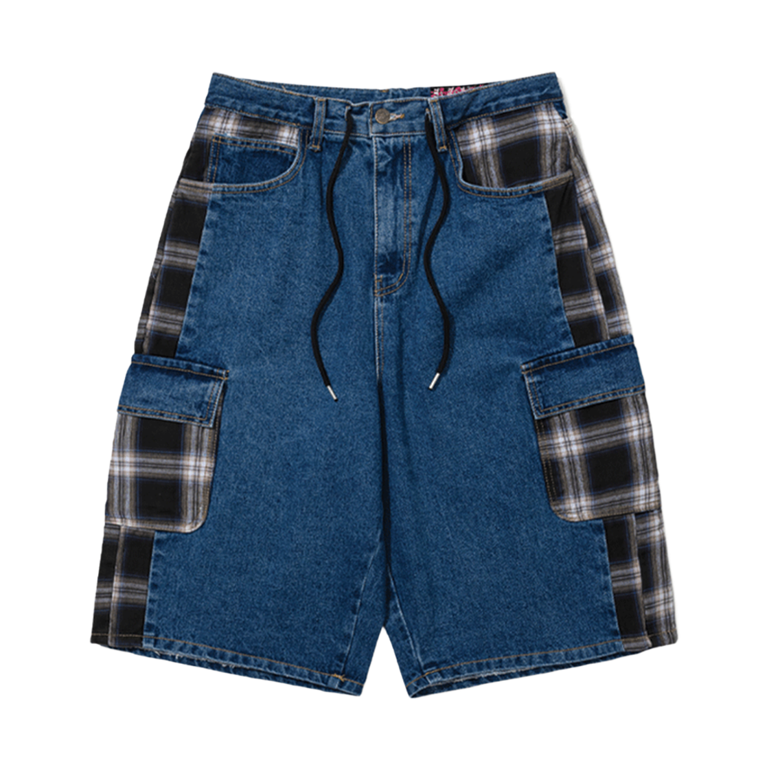MBSRCOPTA21 Bsrabbit Carpenter Loose Fit Cargo Denim Shorts Mixed Check Deep Blue