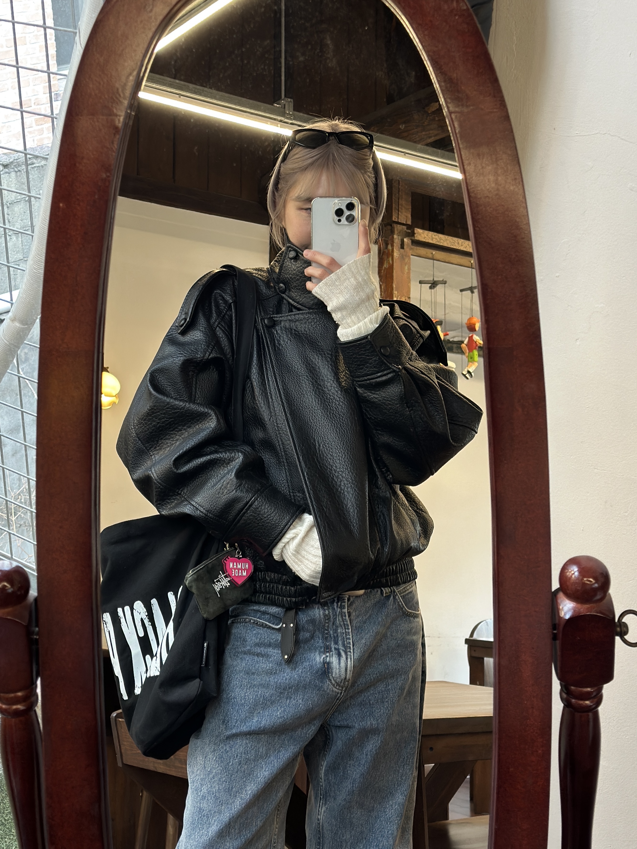 Zara Faux Leather Jacket Black, Human Made Acrylic Heart Keyring Pink 착용 스타일 - 4