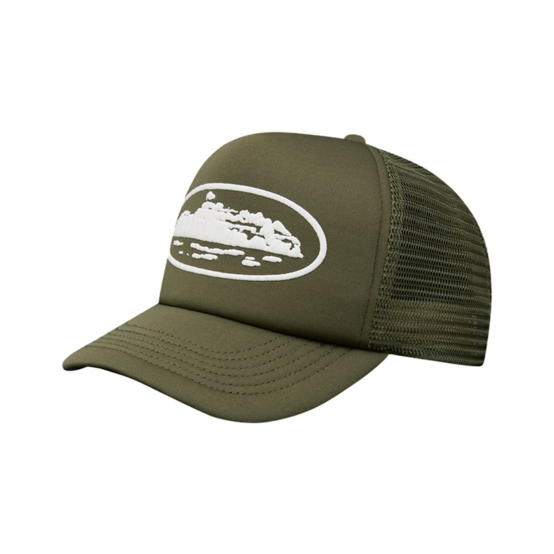 코르테이즈 아일랜드 퍼프 프린트 트러커 햇 올리브(Corteiz Island Puff Print Trucker Hat Olive)