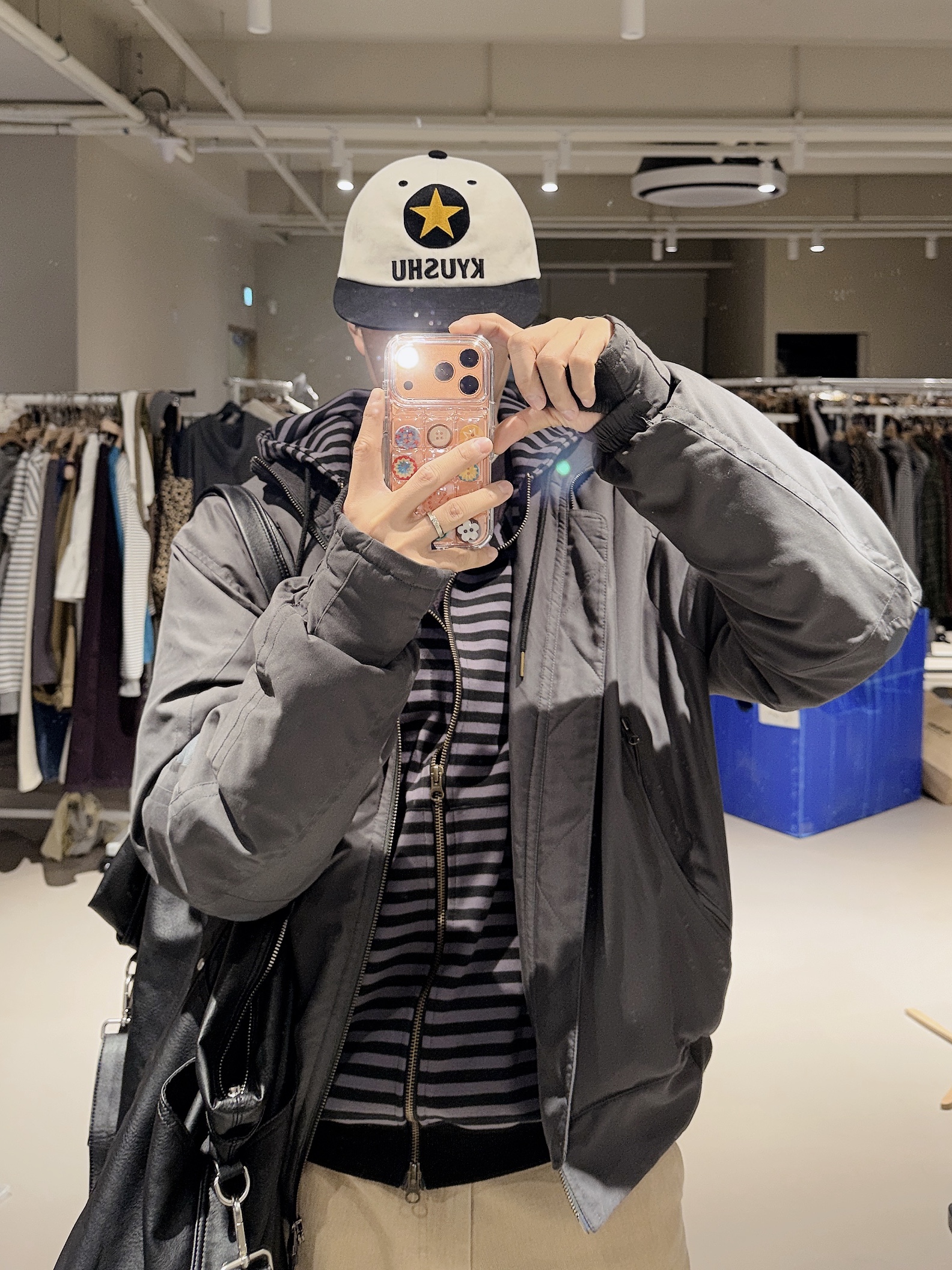 Aoiro KYUSHU Star ビール Cap, Sansan Gear Bomber Jacket Khaki 착용 스타일 - 2